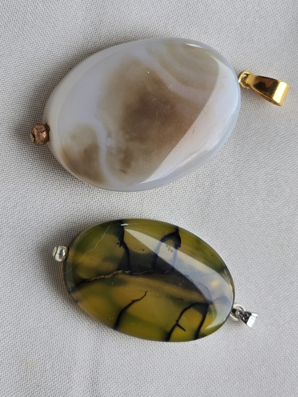 Oval Agate Stone Pendant Set - Cream & Olive Green
